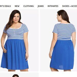 Torrid Striped Knit-To-Woven Skater Dress - Blue and White Stripes
